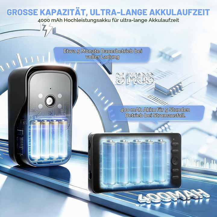 Türklingel mit Kamera Kabellos, Video Türklingel mit 1080P HD 4.3" IPS Bildschirm, Infrarot Nachtsic