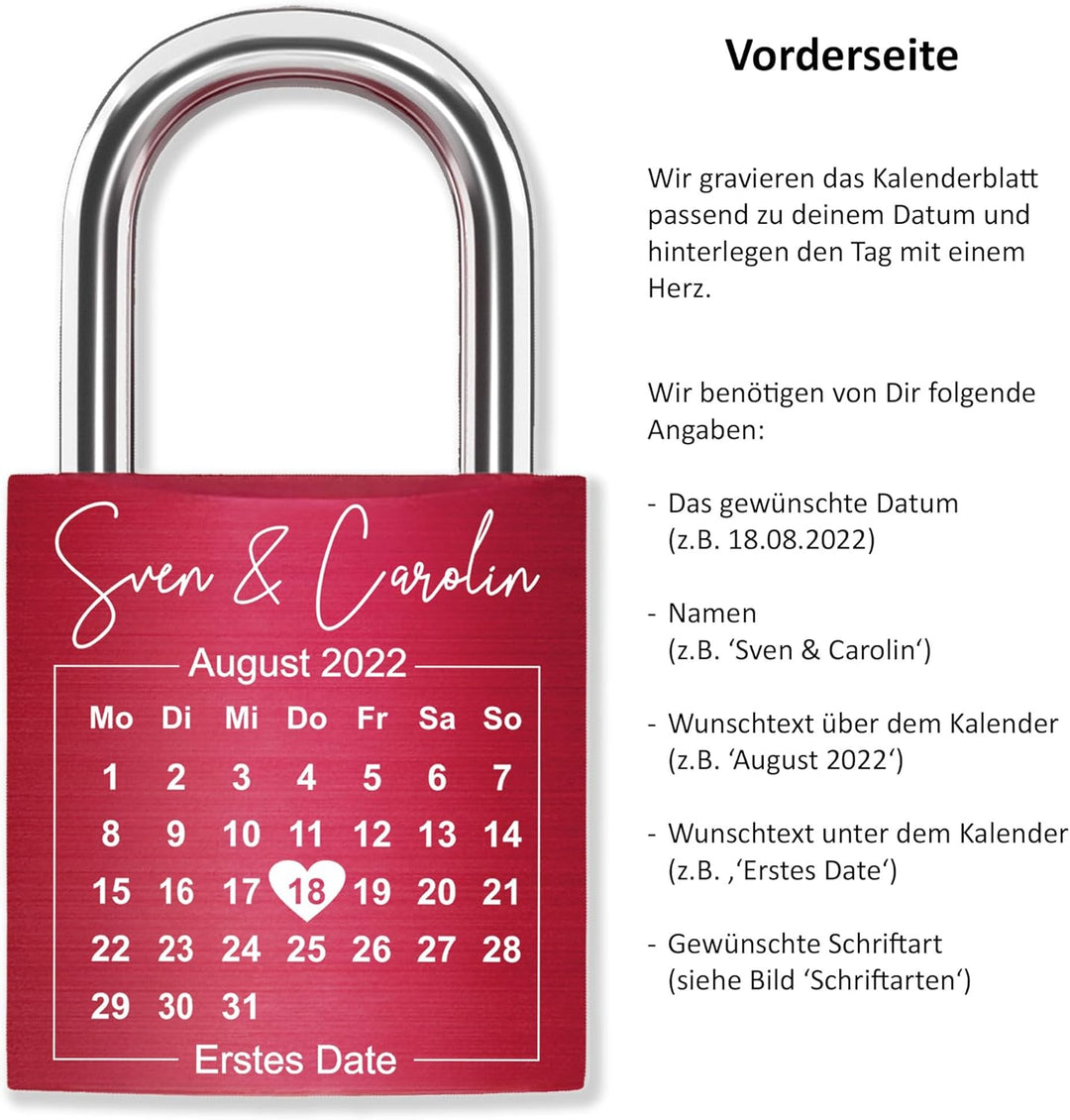 Liebesschloss mit Gravur Kalenderblatt - Rot - gestaltbar mit vielen Farben & Schriften - Jahrestag-