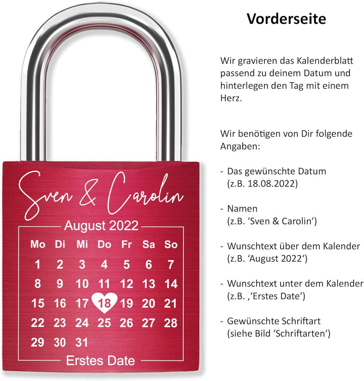 Liebesschloss mit Gravur Kalenderblatt - Rot - gestaltbar mit vielen Farben & Schriften - Jahrestag-
