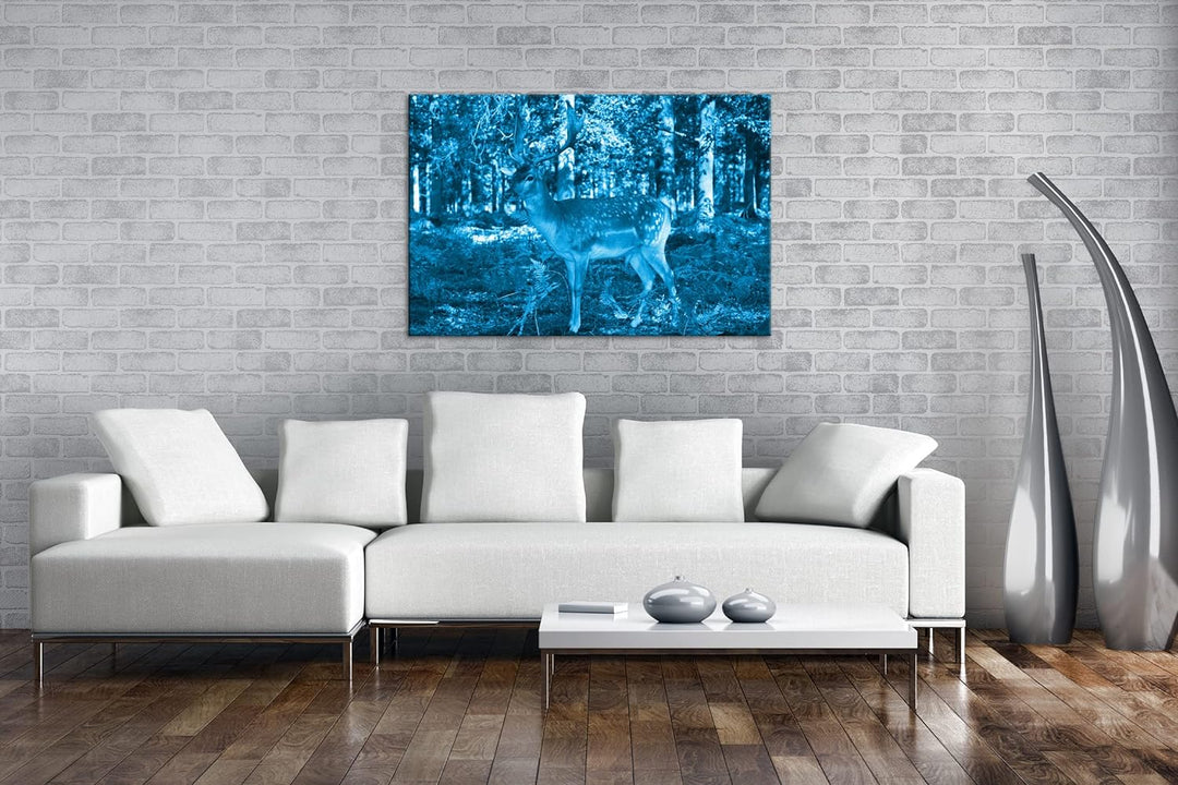 deyoli bezaubernder Hirsch im Wald Format 80x60 Effekt: Monocrome Blau als Leinwandbild, Motiv ferti