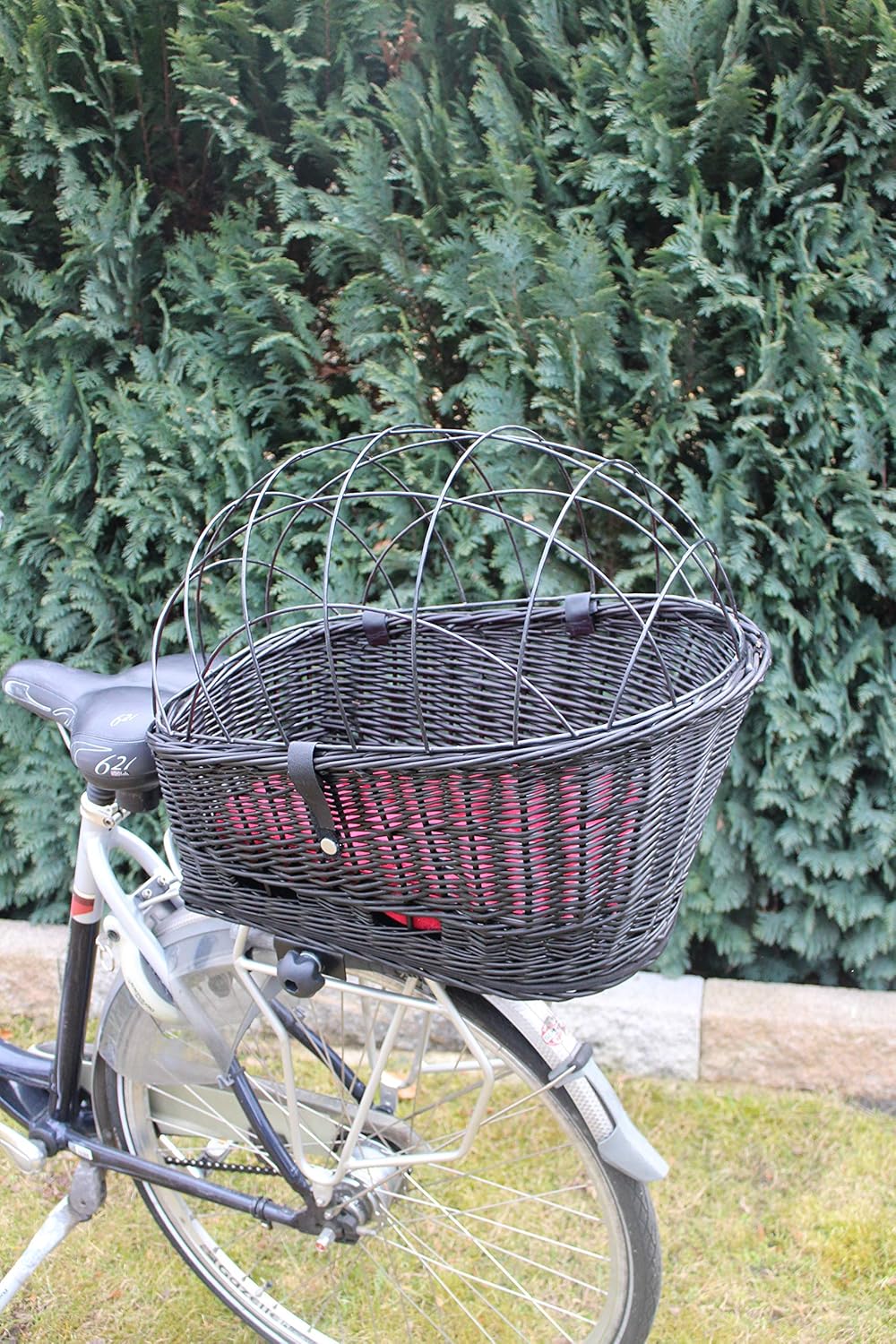 Hundefahrradkorb für Gepäckträger aus Weide mit Metallgitter und Kissen Schwarz XL oder XXL Gepäcktr