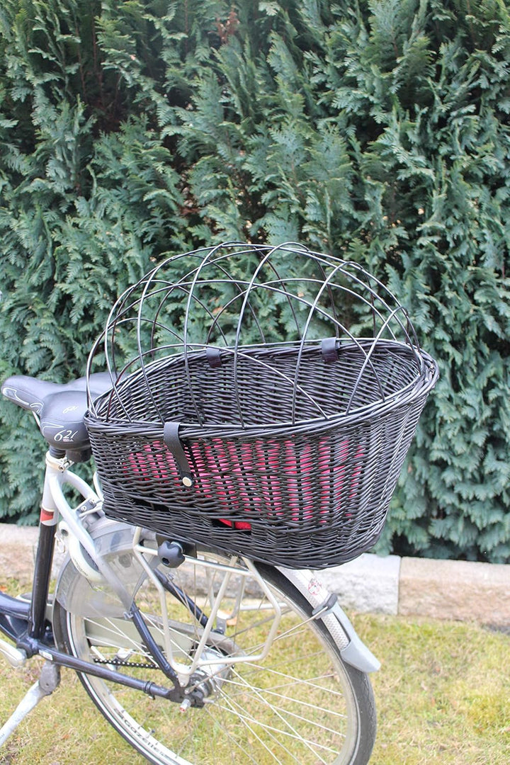 Hundefahrradkorb für Gepäckträger aus Weide mit Metallgitter und Kissen Schwarz XL oder XXL Gepäcktr