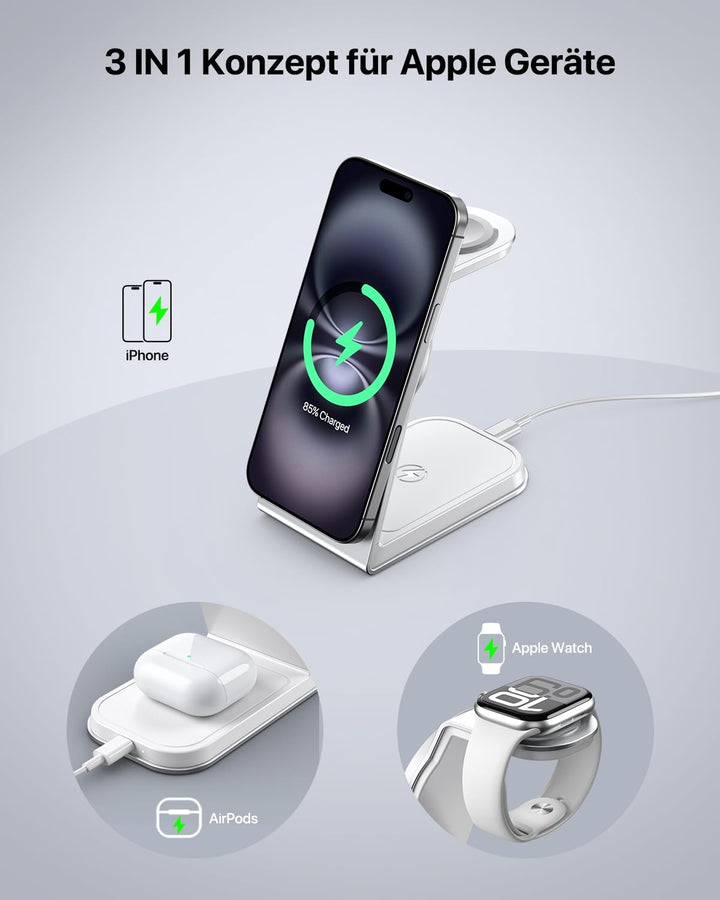 Mag-Safe Ladestation 3 IN 1, Ladegerät kompatibel mit App1e Watch und iPh0ne, Induktive Ladestation