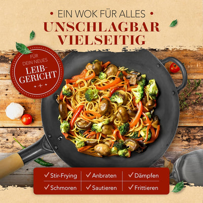KRUSTENZAUBER 30cm Wokpfanne Induktion voreingebrannt - Traditionelle Stahlwokpfanne mit Wokwender u