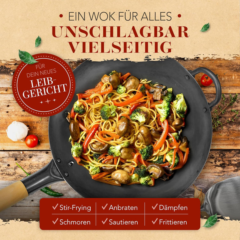 KRUSTENZAUBER 30cm Wokpfanne Induktion voreingebrannt - Traditionelle Stahlwokpfanne mit Wokwender u