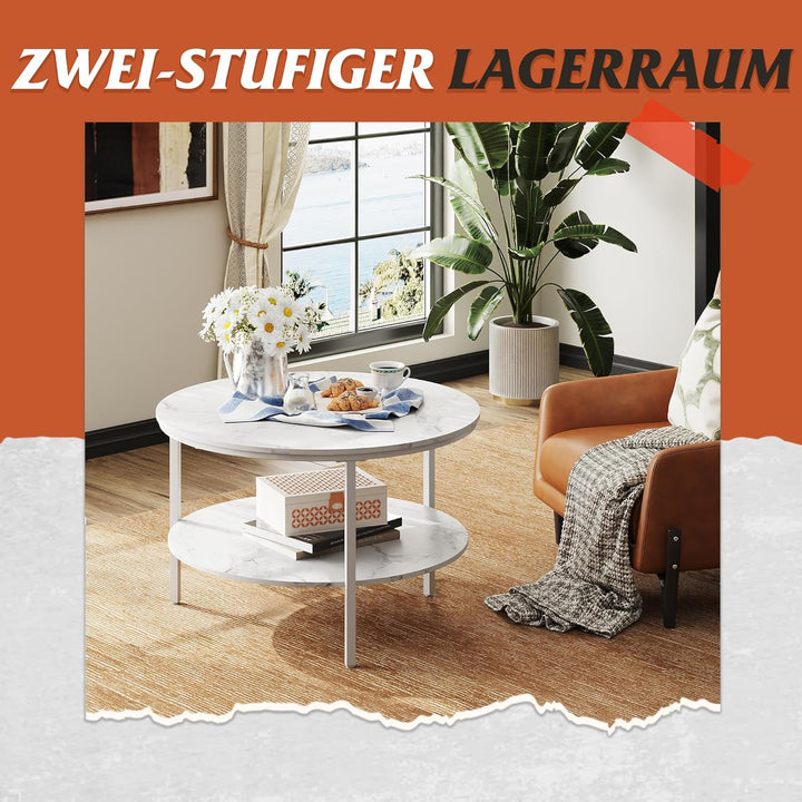 WLIVE Runder Couchtisch Weiss, Wohnzimmertisch Holz mit 2 Ebenen, Sofatisch mit viel Stauraum, für W