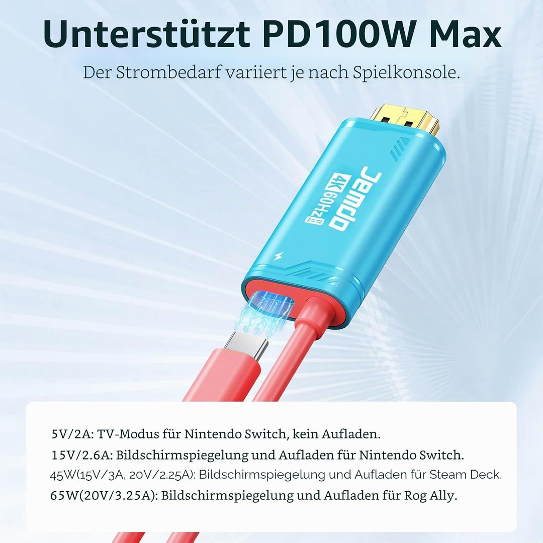 JEMDO Switch 2 Dock HDMI Kabel für Fernseher, 4K 60Hz 18 Gbps USB C zu HDMI 2.0 2m, 100W PD Spielen