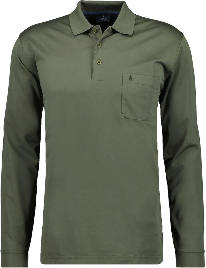RAGMAN Herren Softknit-Polo mit Brusttasche, Langarm S Dunkelgrün-393, S Dunkelgr&#xFC;n-393