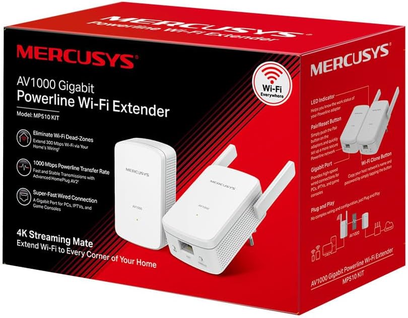 MERCUSYS MP510 Kit, AV1000 Mbps, 300 Mbps auf WiFi, 1 Gigabit-Anschluss, Plug and Play, HomePlug AV2