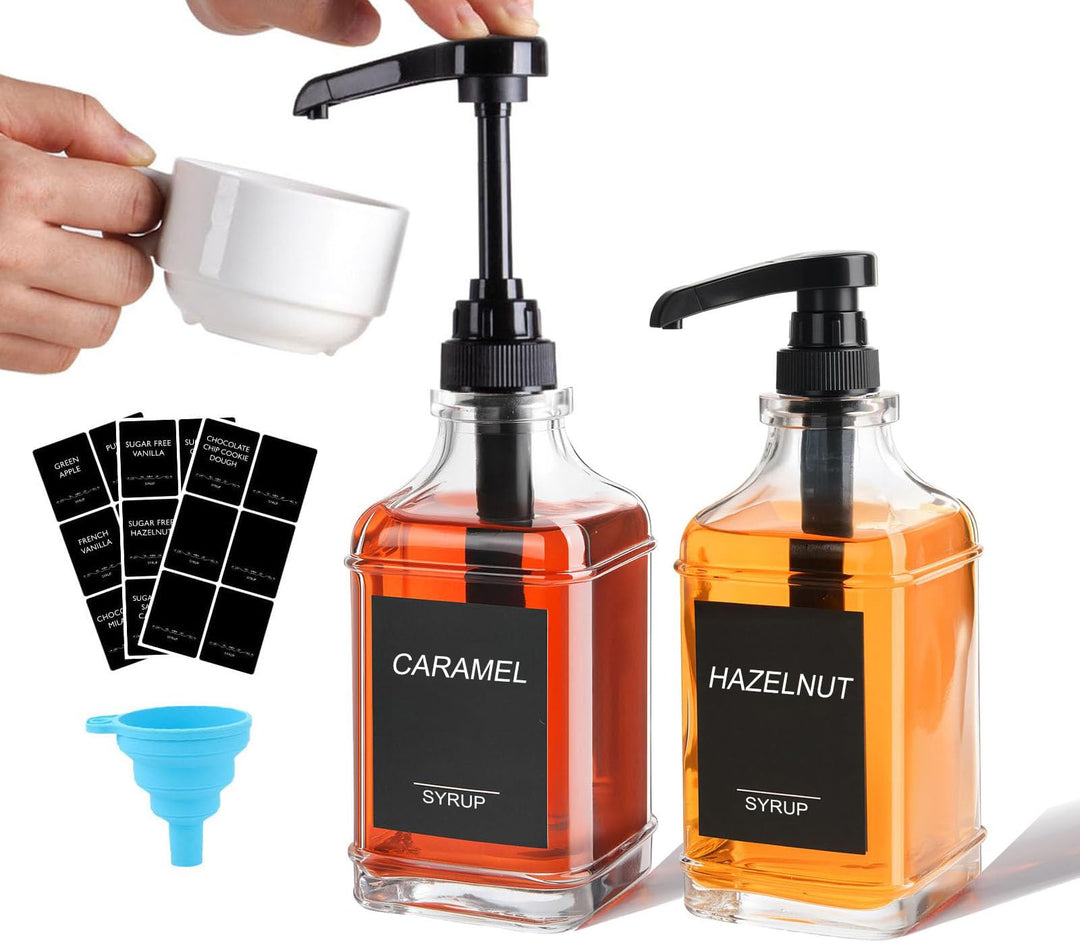 AXIM Kaffeesirupspender, Kaffeeset, 2 Sirupflaschen mit Pumpe und Etiketten, 500 ml Glas-Sirupflasch