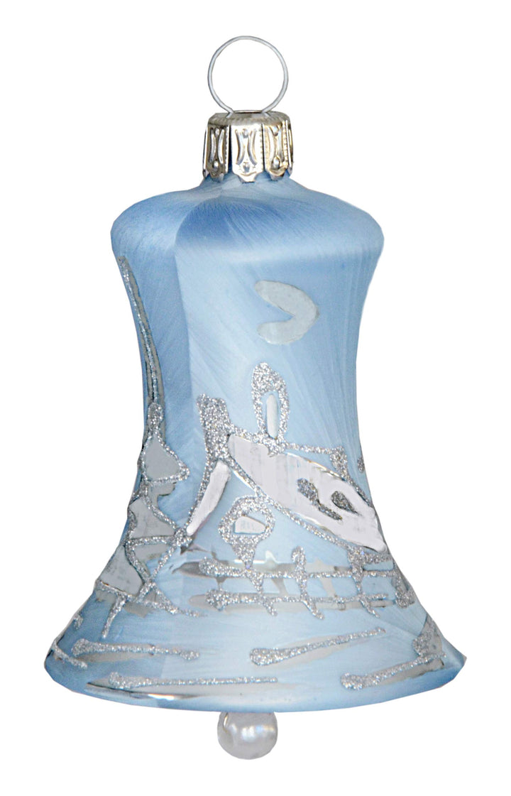 Christbaumkugel-Glocke 4Stck. eisblau mit Silber Winterlandschaft 5cm mundgeblasen und von Hand deko