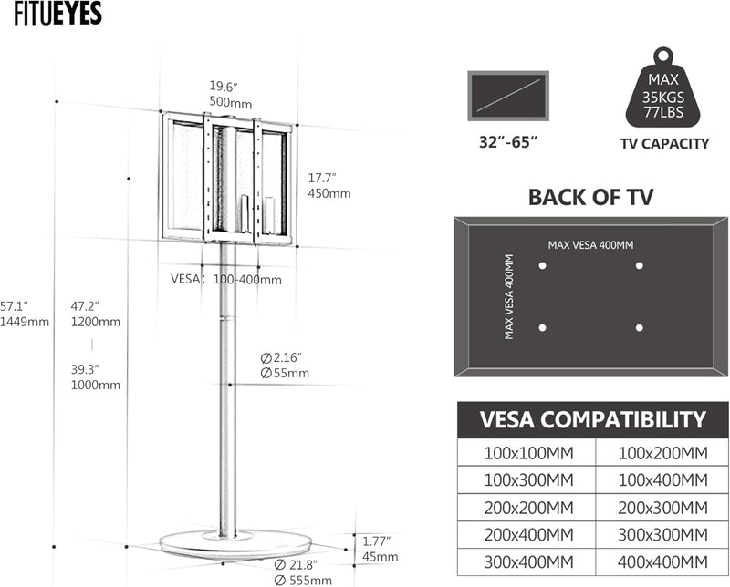 FITUEYES Design TV Ständer Rollbar für 32-65 Zoll Fernseher Mobiler TV Standfuss höhenverstellbar Mo