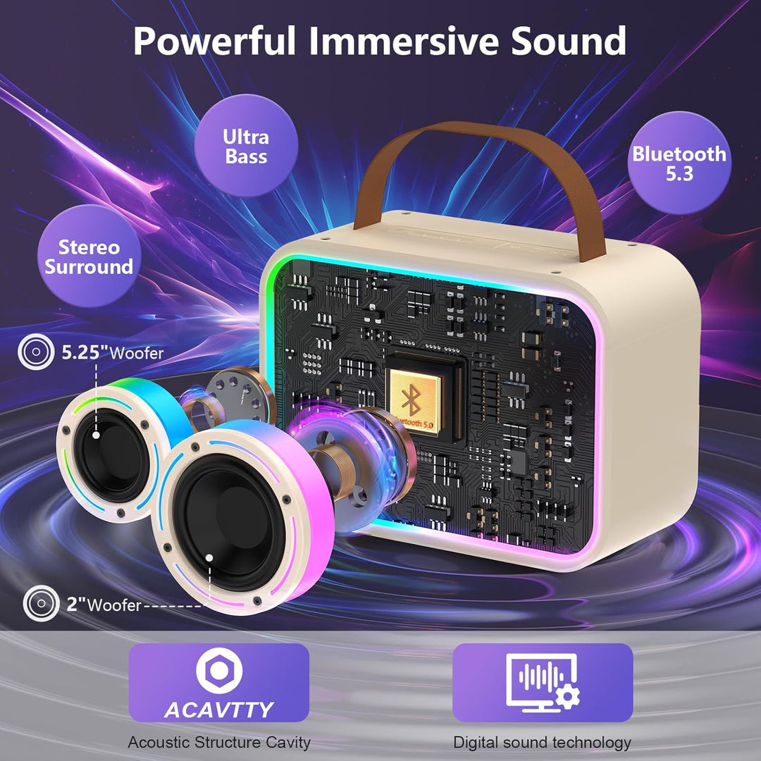 JYX Karaoke-Maschine mit 2 Mikrofonen für Kinder & Erwachsene, LED-Lichtern und magischem Sound, tra