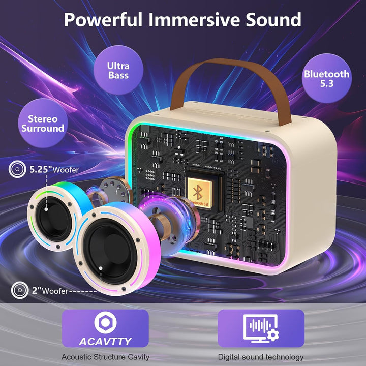 JYX Karaoke-Maschine mit 2 Mikrofonen für Kinder & Erwachsene, LED-Lichtern und magischem Sound, tra