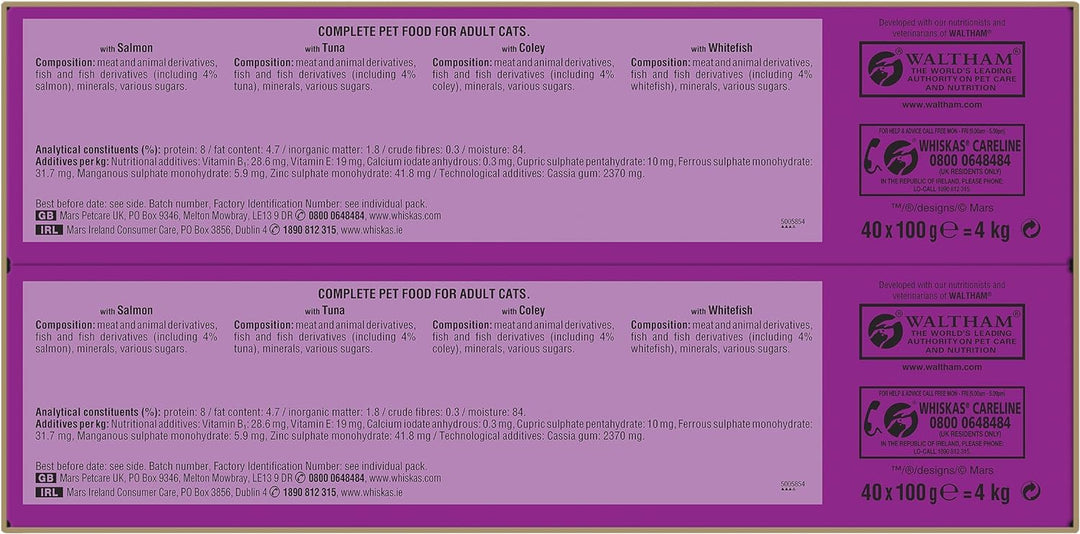 Whiskas Pouches Jelly Fishermans Choice Packung Nass Katzenfutter (40 x 100g) (Einheitsgrösse) (Fish