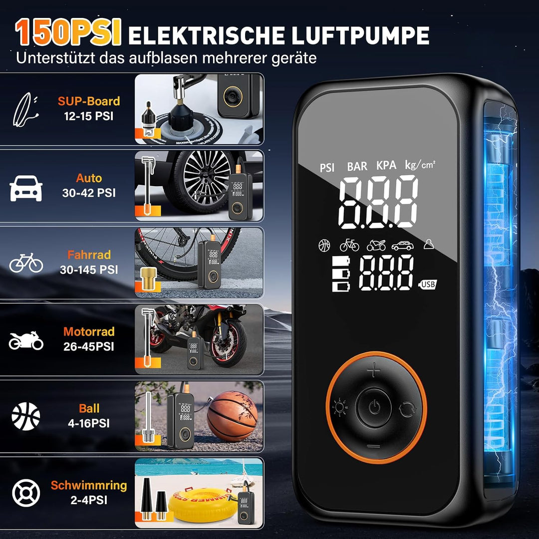 Onherm Elektrische Luftpumpe, 6000mAh Akku Luftpumpe Fahrrad, 150PSI Mini Luftkompressor Fahrradpump