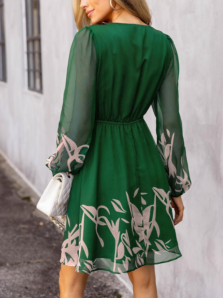 CUPSHE Damen Kleid V Ausschnitt Wickeloptik Transparente Lange Ärmel Blumenmuster Freizeitkleider Wr