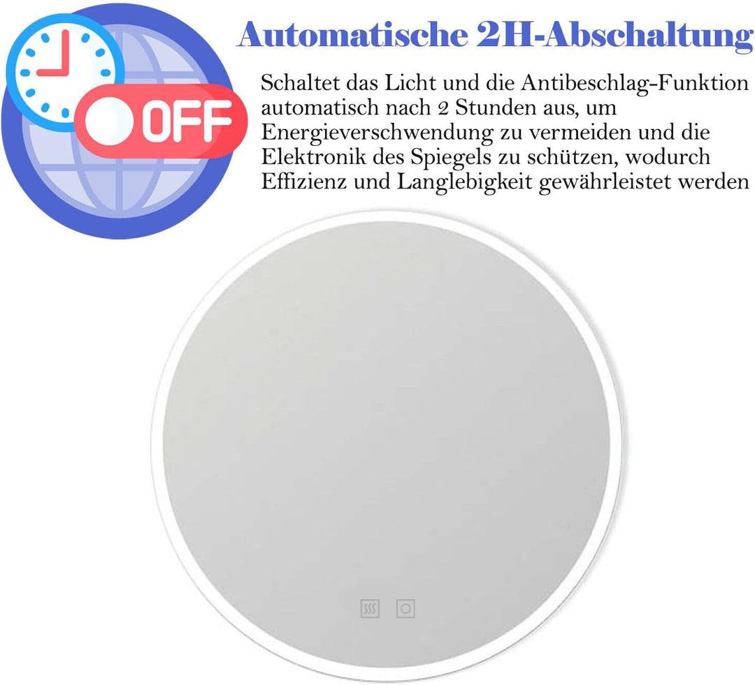 Badspiegel mit Beleuchtung Rund LED Spiegel Bad mit Touch-Schalter Beschlagfrei Badezimmerspiegel Be