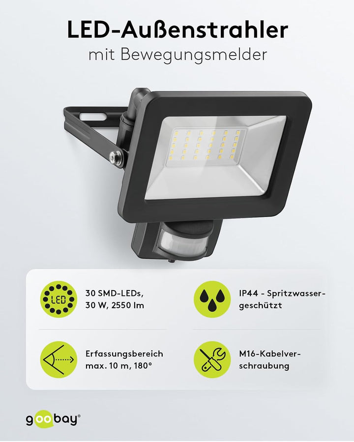 goobay 53881 LED Strahler Bewegungsmelder Aussen 30W / PIR Sensor Aussenstrahler IP44 / Neutralweiss