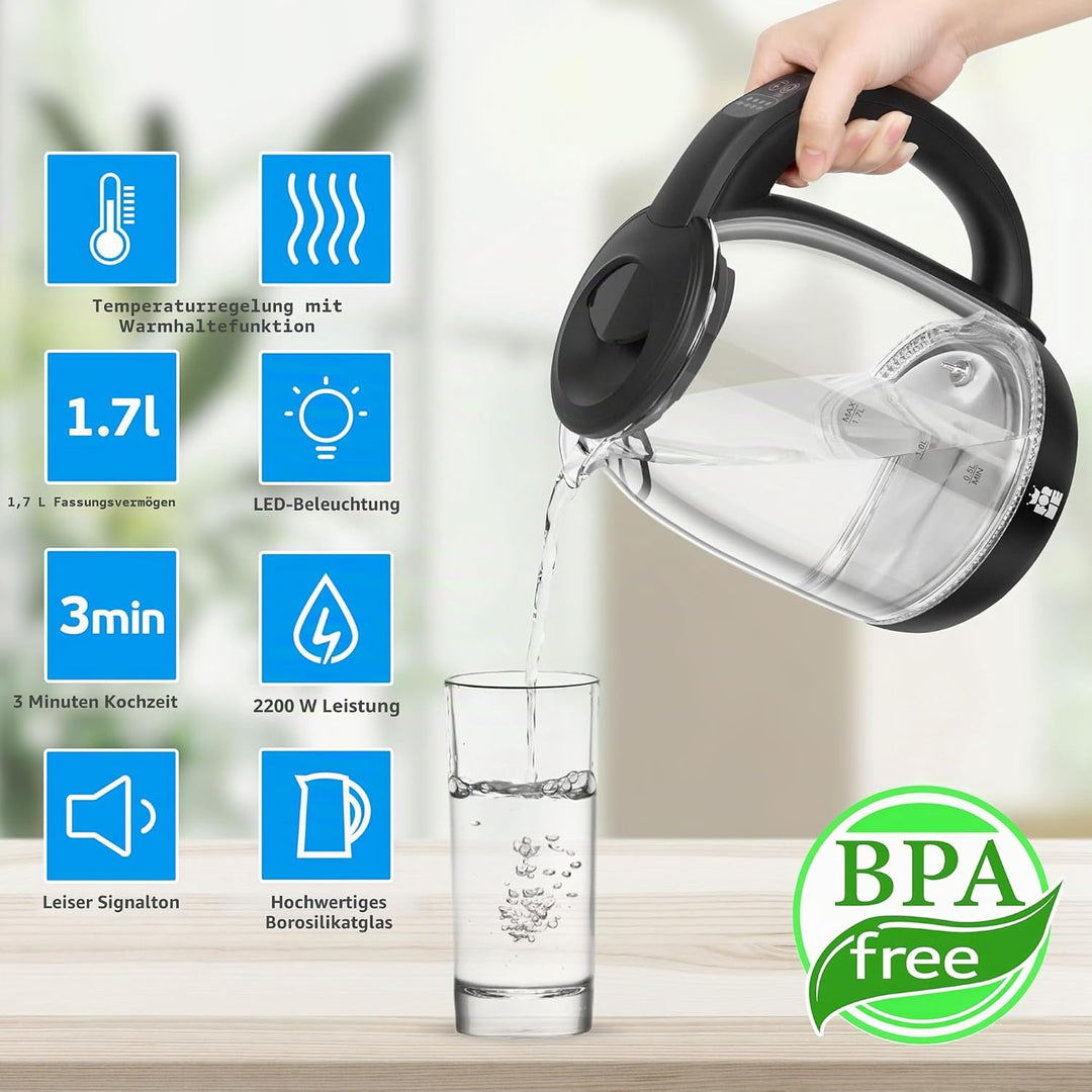 ForMe Glas Wasserkocher 1.7 mit Temperatureinstellung Temperaturwahl 40-100°C Farbwechsel LED Temper