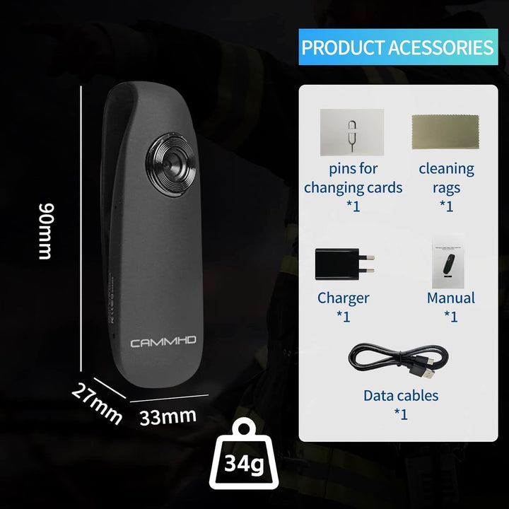 CAMMHD 1080P 32GB Körperkamera Full HD Portable Bodycam One-Key-Aufnahme Bewegungserkennung, 3-7 Stu