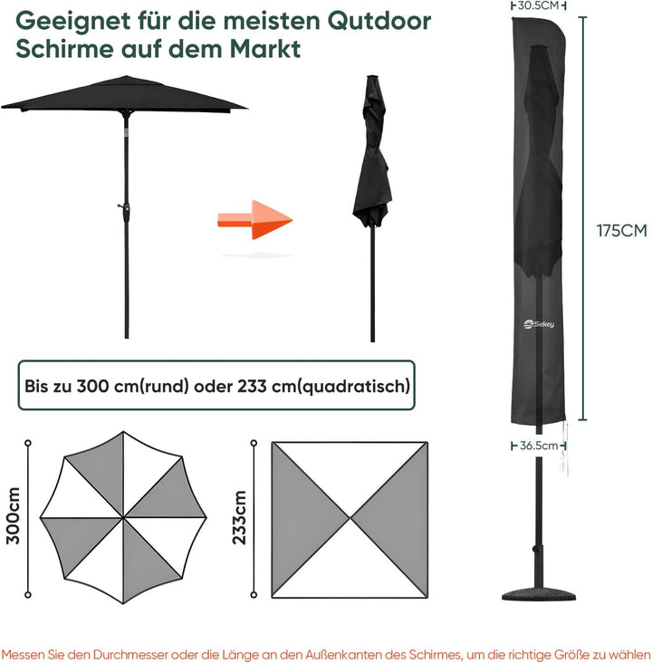 Sekey Sonnenschirm Schutzhülle für 300 cm Sonnenschirm | Mit Montagestab & Reissverschluss (175×30,5