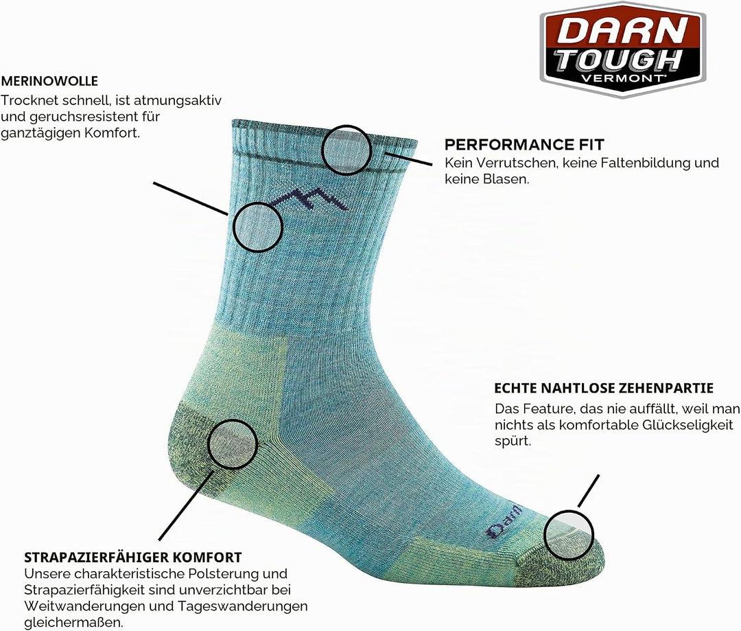 Darn Tough Vermont Gepolsterte Damen-Socken aus Merino-Wolle S Aqua Heather, S Aqua Heather