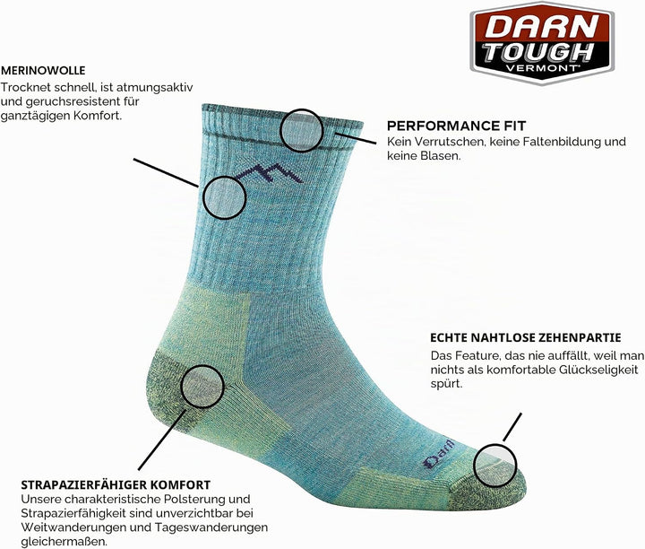 Darn Tough Vermont Gepolsterte Damen-Socken aus Merino-Wolle S Aqua Heather, S Aqua Heather