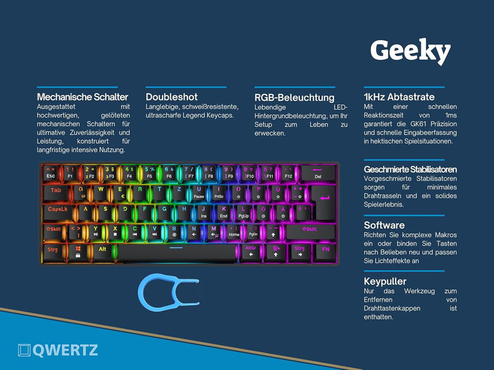 Geeky GK61 SE 60% | Mechanische Gaming-Tastatur | 62 Tasten Multi Color RGB LED Hintergrundbeleuchtu