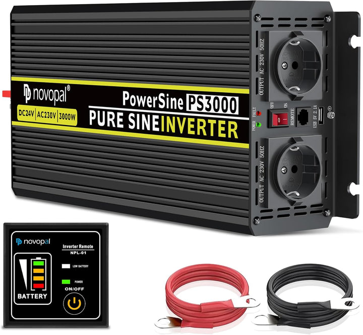 NOVOPAL 3000W KFZ Reiner Sinus Spannungswandler - Auto Wechselrichter 24V auf 230V Umwandler - Inver