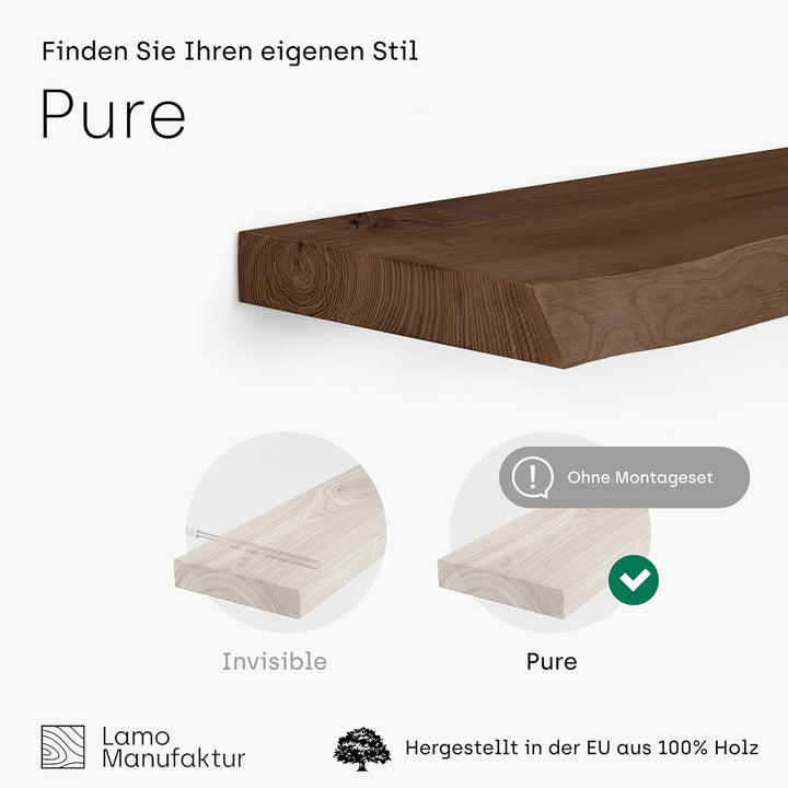 LAMO Manufaktur Wandregal Holz Baumkante | Regal Farbe: Nussbaum | Pure: ohne Montage Set | 90 cm Pu