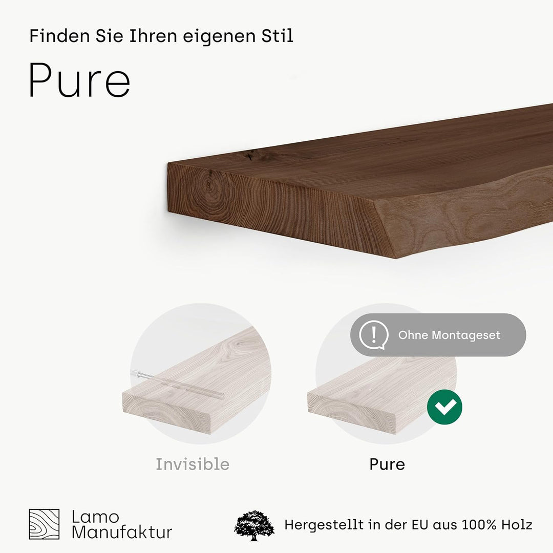 LAMO Manufaktur Wandregal Holz Baumkante | Regal Farbe: Nussbaum | Pure: ohne Montage Set | 120 cm P