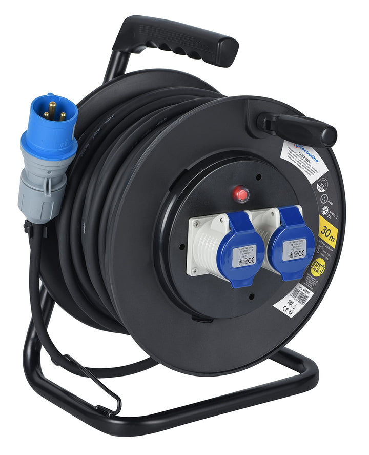 Electraline 49050 Kabeltrommel, mit gummiertem Kabel, 30 m, 2 IEC-Steckdosen, Schwarz / Blau 3G1,5,