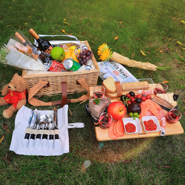 Hap Tim Picknickkorb aus Weidengeflecht für 4 Personen, mit faltbarem Mini-Wein-Picknicktisch und gr