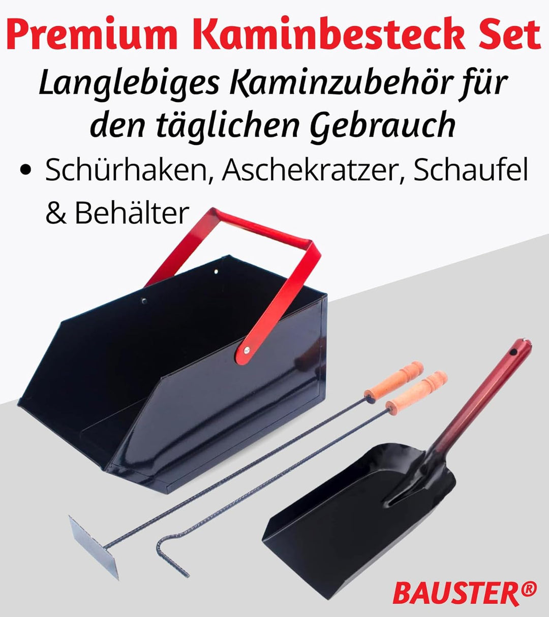 BAUSTER® Kaminbesteck Set Mit Schürhaken, Aschekratzer, Kehrschaufel und Kohlenkasten/Aschebehälter