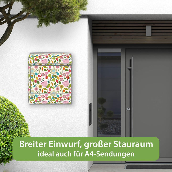 banjado® Design Briefkasten mit Motiv Rosa Kelch Hell 39x47x14cm &amp; 2 Schlüssel - Briefkasten Stahl S