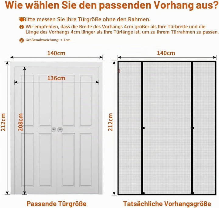 WochiTV Fliegengitter Tür Magnet 140 x 212cm Doppeltür Fliegengitter Tür Mit Magnetverschluss Ohne B