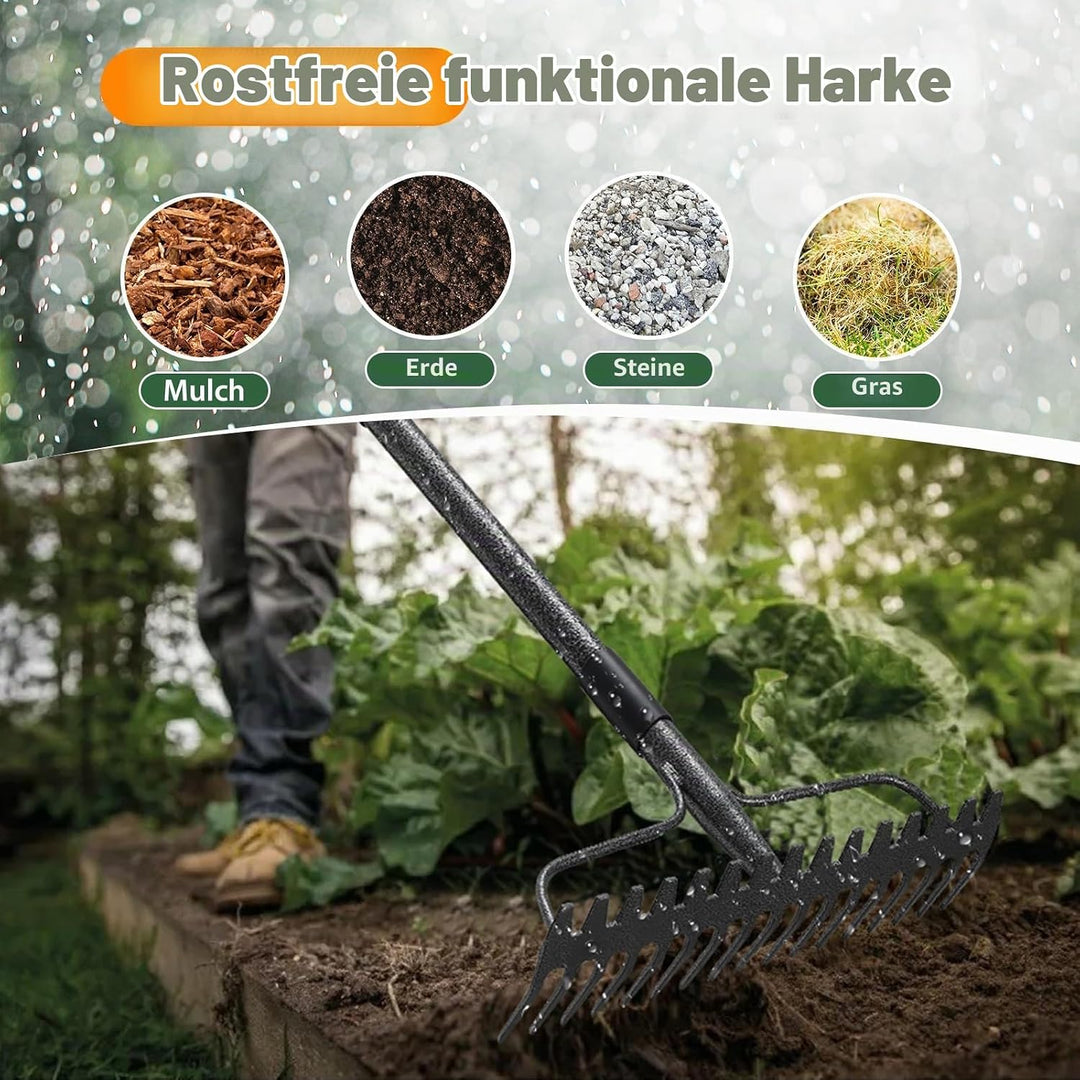 Gartenrechen 150 cm - Robuste Metall Gartenharke mit Stiel und 17 Zinken für Rasen, Laub &amp; Boden | R