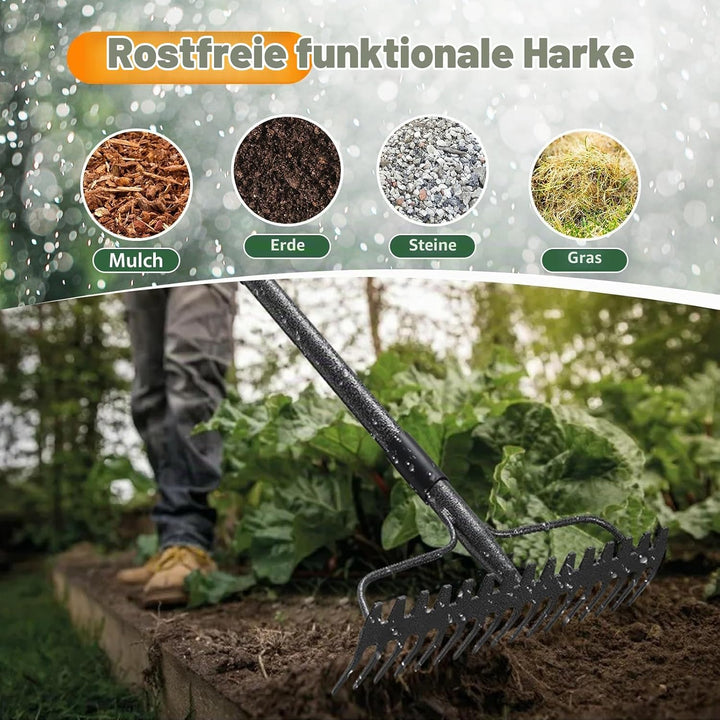 Gartenrechen 150 cm - Robuste Metall Gartenharke mit Stiel und 17 Zinken für Rasen, Laub &amp; Boden | R