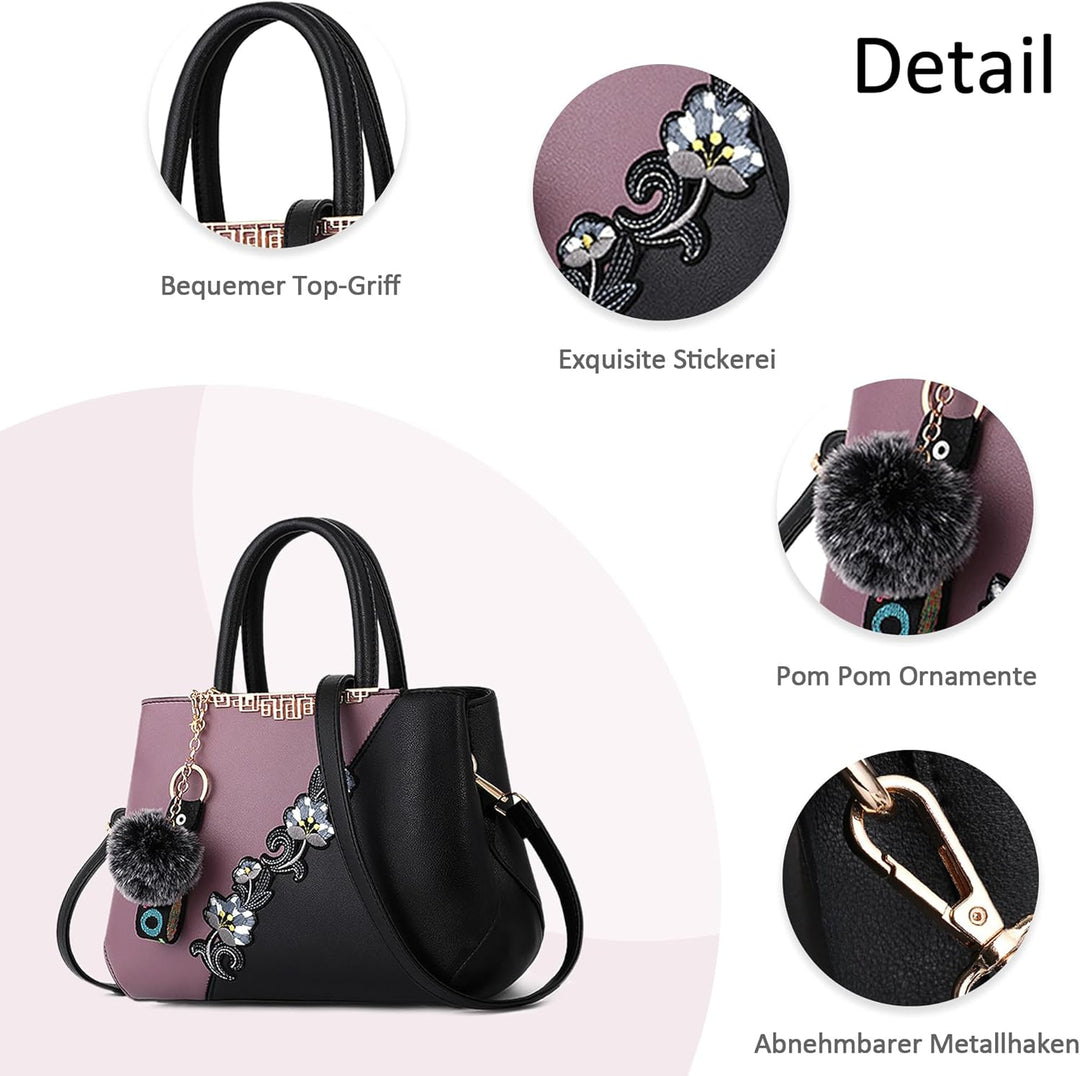 DORRISO Damen Handtasche Mode Stickdesign Schultertasche Grosse Kapazität Umhängetasche Casual Reise