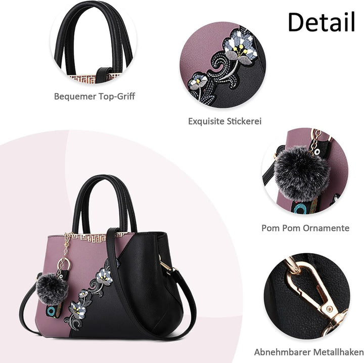 DORRISO Damen Handtasche Mode Stickdesign Schultertasche Grosse Kapazität Umhängetasche Casual Reise