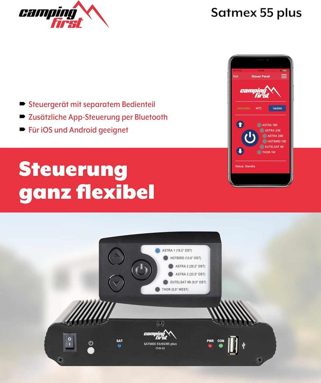 Satmex 55 Plus – Vollautomatische Sat-Antenne (Montage auf dem Wohnmobil, nur 16 cm Höhe, Bluetooth,