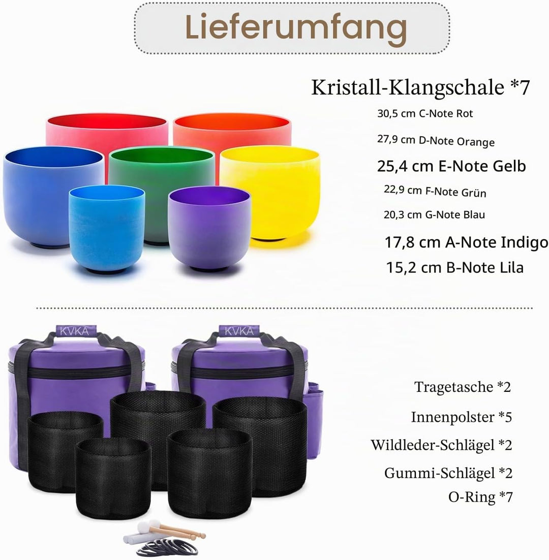 KVKA Chakra Singing Bowls Set 432Hz 7 Colors 6-12 Inch with Heavy Duty Carry Bags and Singing Bowl M