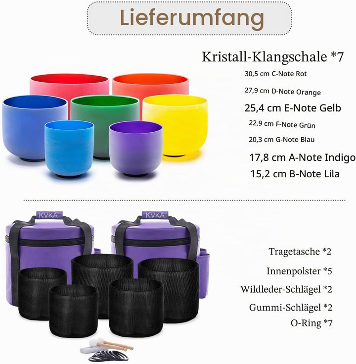 KVKA Chakra Singing Bowls Set 432Hz 7 Colors 6-12 Inch with Heavy Duty Carry Bags and Singing Bowl M