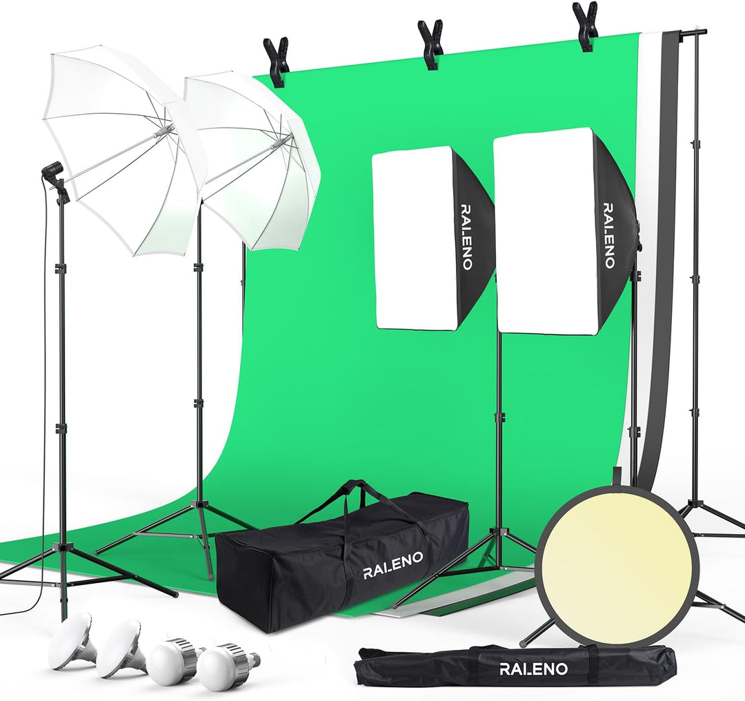RALENO Fotostudio Set, 2,6M x 3M Hintergrund Stützsystem Greensreen Set, Softbox Studio Beleuchtungs