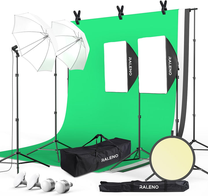 RALENO Fotostudio Set, 2,6M x 3M Hintergrund Stützsystem Greensreen Set, Softbox Studio Beleuchtungs