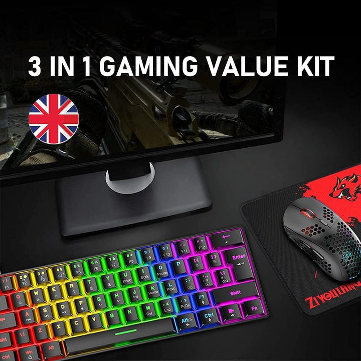 60% UK-Layout Kabelgebundene Gaming-Tastatur und -Maus 62Keys kompakte mechanische Tastatur, 19 Rege