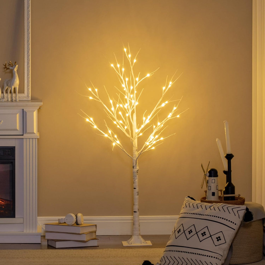 HOMCOM 120 cm Kunstbaum, Weihnachtsbaum Birken mit LED, Kunstbirke, Birkenbaum, Weihnachtsdeko für H