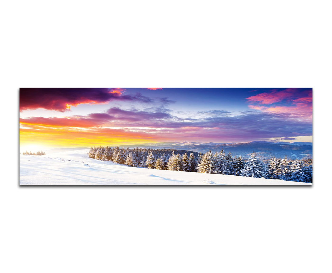 Paul Sinus Art Panoramabild auf Leinwand und Keilrahmen 150x50cm Ukraine Wald Schnee Berge Sonnenauf