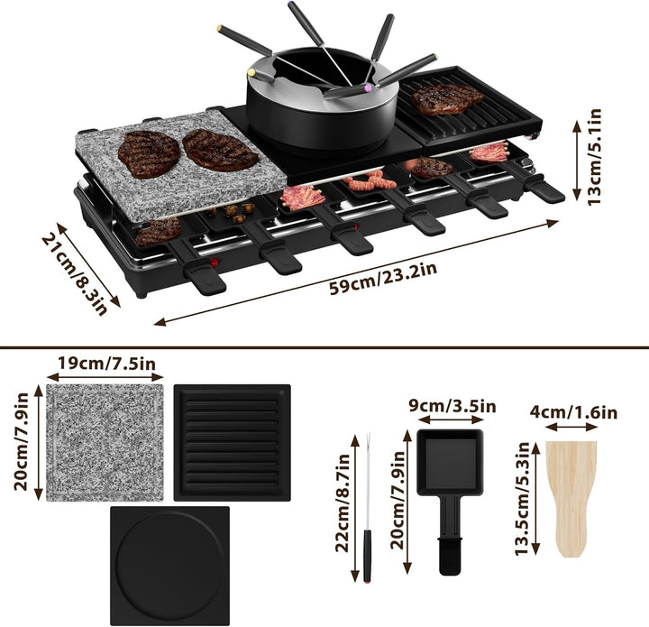 Raclette Grill mit Fondue für 12 Personen, 1650W, Doppel- und Dreifach-Heizstufen, Naturgrillstein &